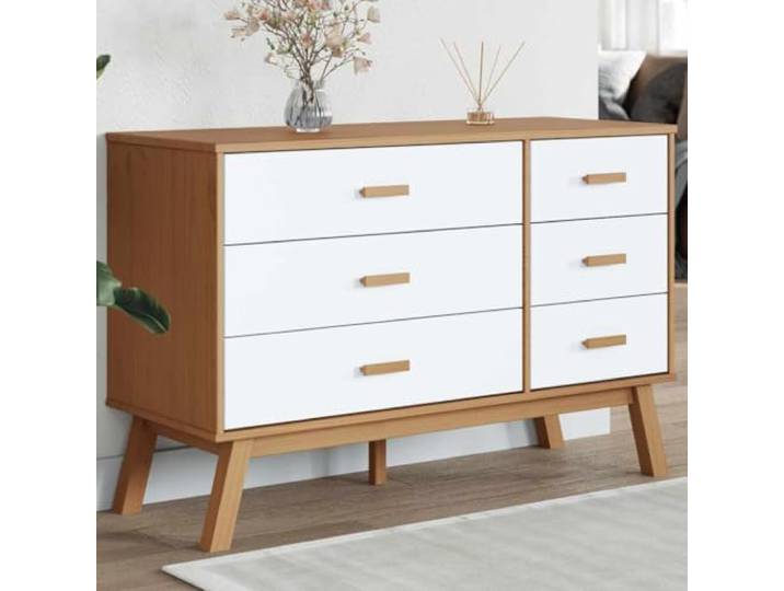 Schubladenschrank aus Massivholz Kiefer, Weiß und Braun, mit 6 Schubladen Skandinavisches Design, stabil, Stauraum, Holzbeine, robust
