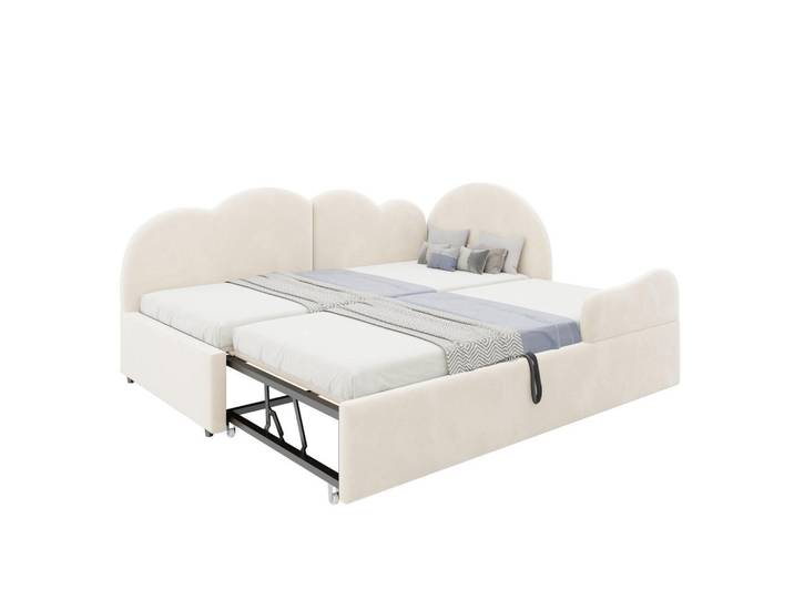 Modfu Polsterbett Ausziehbares Schlafsofa Samt 90x200 cm Beige ausziehbar, L-Form mit Wolkenkopfteil, 90x200 cm, Schlafzimmer, Betten, Polsterbetten