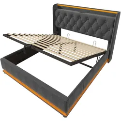 OKWISH Polsterbett Leinen Grau 140x190 cm mit hydraulischem Stauraum, LED-Beleuchtung, USB Typ-C, Lattenrost