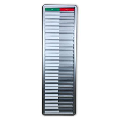 CombiCraft Anwesendheitstafel bzw. Abwesenheitstafel "IN-OUT" in einem silberfarbenen Aluminiumschiebeprofil für 30 Personen - 257 x 830 mm