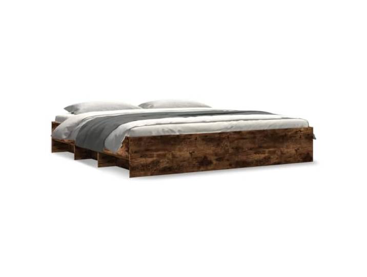 PUGYNBK Bettgestell aus technischem Holz, rauchige Eiche, 200 x 200 cm Lattenrost inklusive, offene Fächer, feuchtigkeitsbeständige Struktur, ohne Matratze