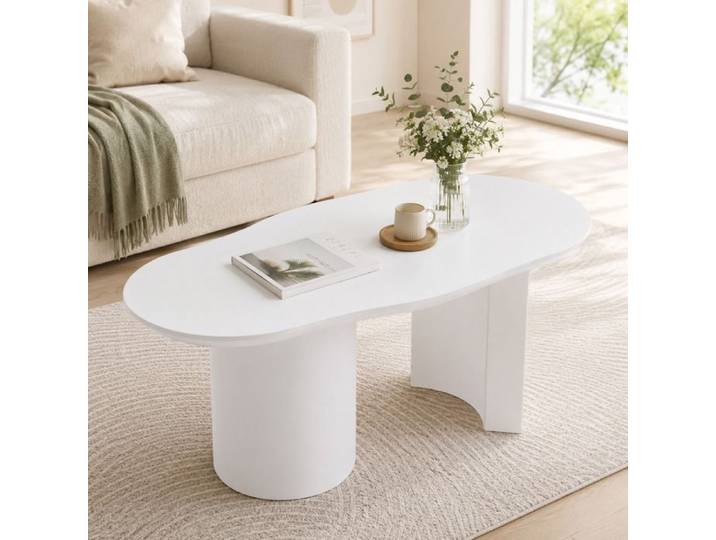 Table Basse Design Irrégulière - 100cm Surface Laquée Table Basse Créative Coins Arrondis Securises Blanc