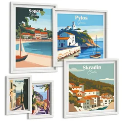 BILDER SET 5er Set - 50x50 cm & 20x30 cm & 40x60 cm Weißer Rahmen - Retro-Landschaften im malerischen Stil