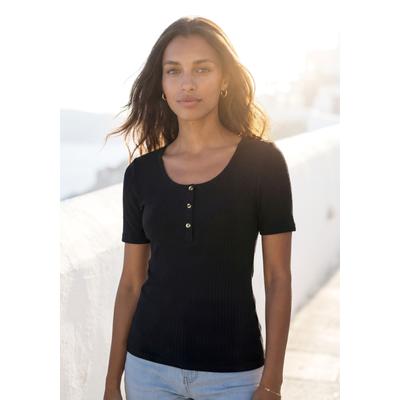 Kurzarmshirt LASCANA "mit kurzer Knopfleiste", Damen, Gr. 40/42, schwarz, Rippstrick, Obermaterial: 95% Viskose, 5% Elasthan, unifarben, Basic, figurbetont normal, Rundhals, Shirts, aus elastischem Viskose Rippstrick