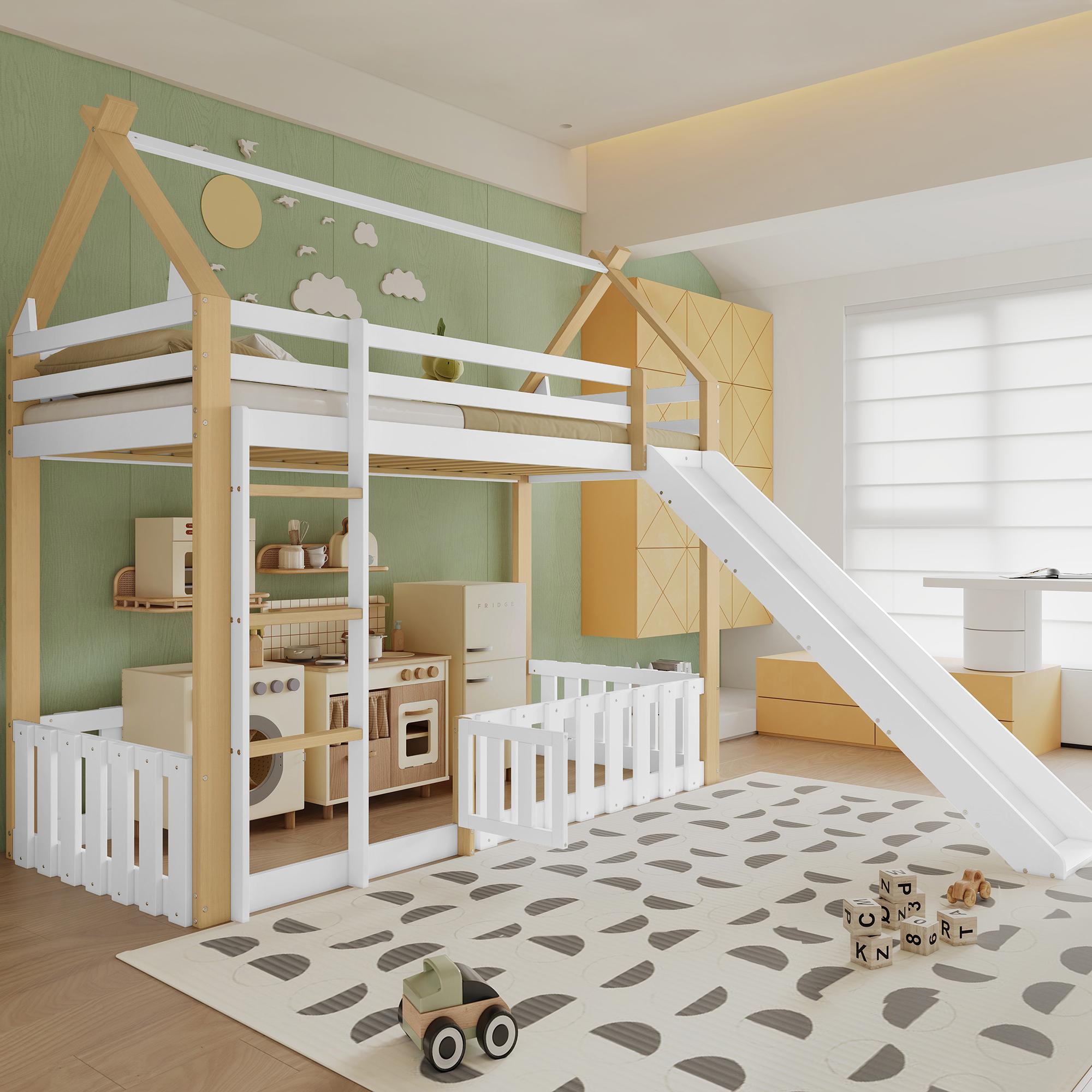 Etagenbett mit Rutsche, Zaun, Leiter und Rausfallschutz, 90x200 cm, Nur 1 Lattenrost, Kinderbett, Spielbett, Kiefer