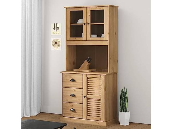 RJPLMFV Hohe Anrichte, massives Kiefernholz, 78 x 40 x 175 cm Schubladen und Fächer, Türen aus Hartglas, Griffe aus Metall, Wandbefestigung inklusive