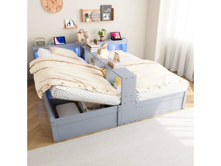 Lit double modulable 90/180x200 cm EVRYAE - avec rangement sous lit et prises intégrées LED contrôlable - Gris