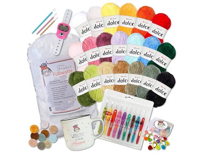 Frida's Wollhaus Frida's Garn-Set Dolce 67-teilig Chenille Wolle Tasse Häkeladeln Füllwatte Maschenmarkierer Handmade-Label