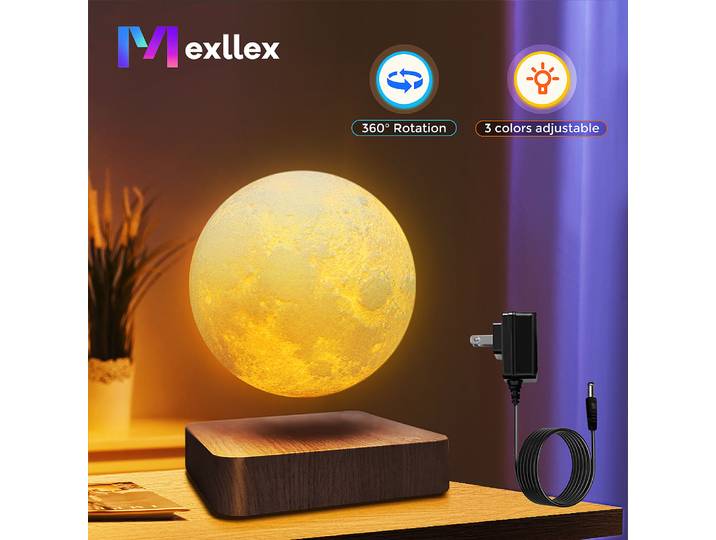 Veilleuse flottante magnétique 3D LED avec base en bois, lampe de table créative, 3 couleurs de température, lune, cadeau de bureau