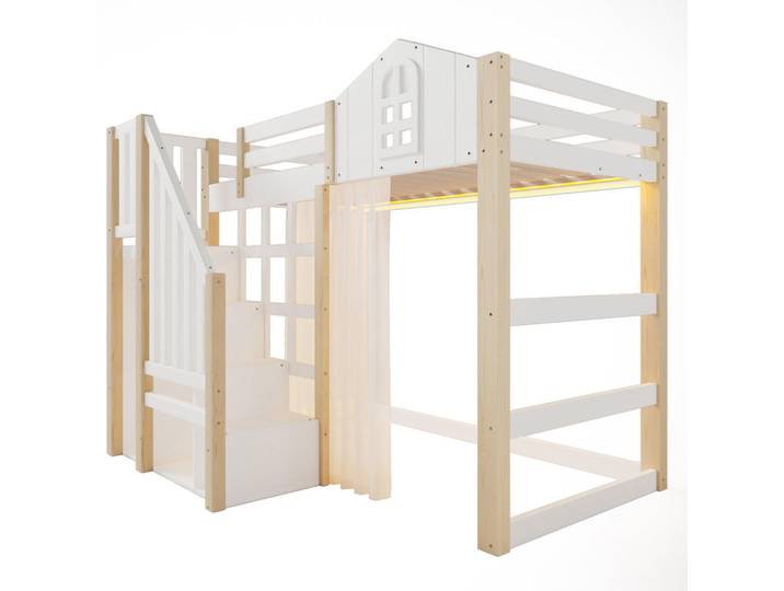 ComfortXL Hochbett 90/200 cm De-04502, mit Led, Fensterform und Ablageleiter in Weiß/Natur, Weiß, Naturfarben, Holz, 90x200 cm, Babymöbel & Kindermöbel, Kinderzimmer & Jugendzimmer, Kinderbetten, Hochbetten