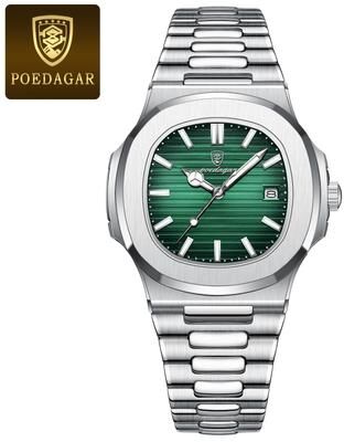 PRiME Fashion Square Quartz Watch For Men, Waterproof Luminous Date Stainless Steel, Business Luxury Wristwatch 613 Silver Green