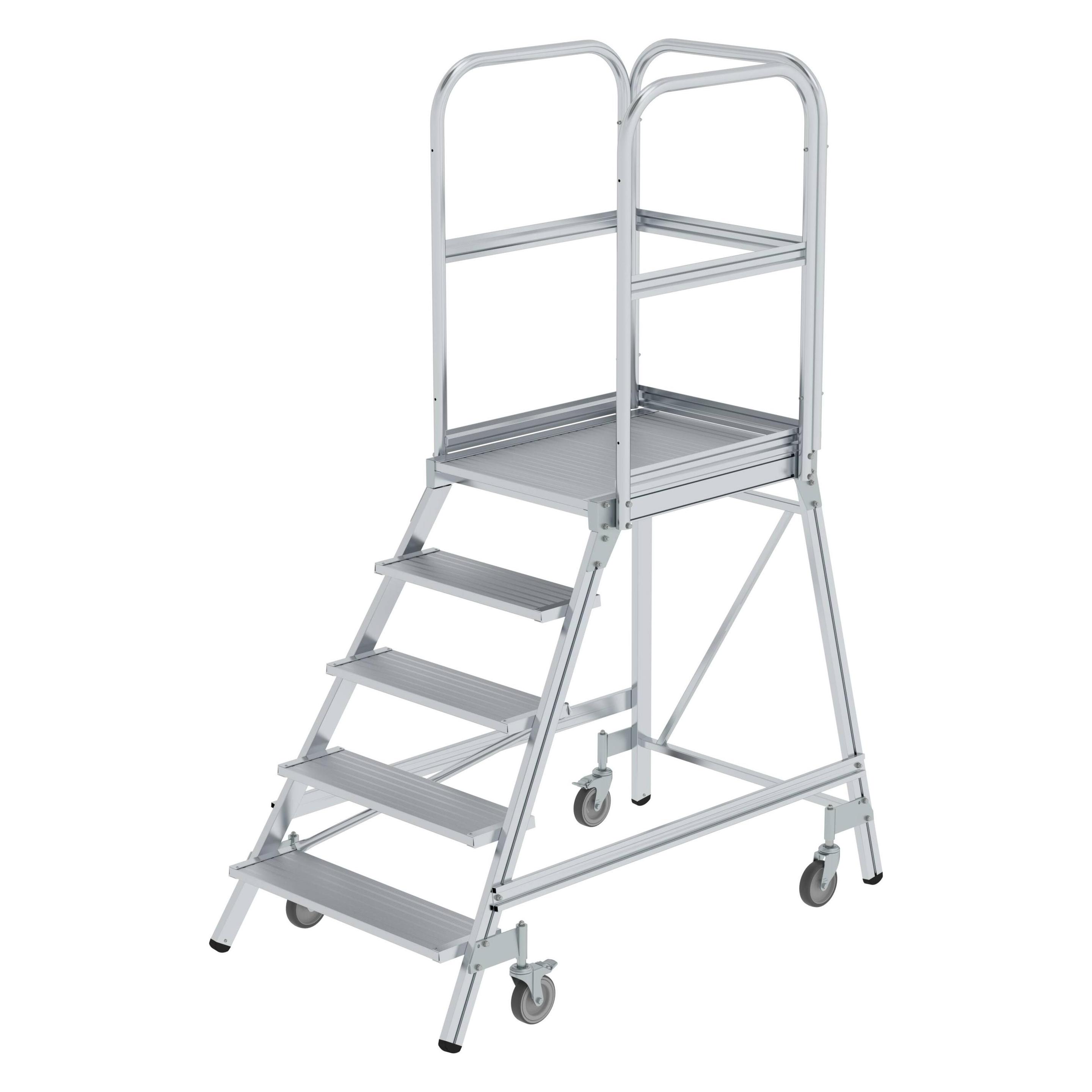 Munk Podesttreppe einseitig begehbar mit Federrollen Aluminium geriffelt 5 Stufen (Plattformleiter, 158 cm) (228733)