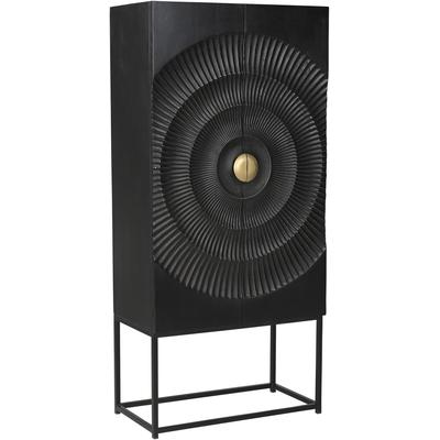 Mehrzweckschrank SIT "Palermo aus Mango massiv mit Schnitzmuster & Goldgriff", gold (schwarz, gold), B:75cm H:160cm T:39cm, Massivholz, Metall, Schränke, Mehrzweckschrank, 2 Türen mit Schnitzfront & goldenem Griff auf Metallgestell