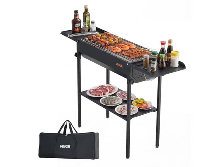 VEVOR Barbecue au Charbon Pliable\, Gril de Barbecue Pliant et Portable\, Matériel pour BBQ Camping Jardin\, Hauteur Réglable et Tablettes Latérales Rabattables\, en Acier Thermolaqué Haute Température