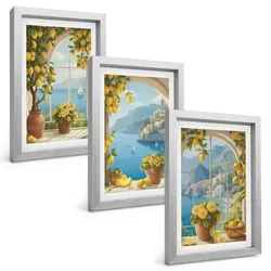 BILDER SET 3er Set - 20x30 cm Silberner Rahmen - Meereslandschaften, Zitronen, Fenster