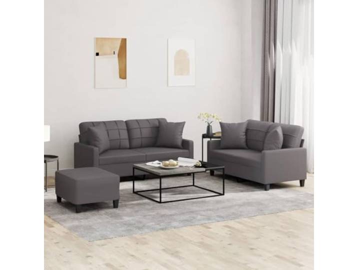 HEFZGDB 3-TLG. Sofagarnitur mit Kissen Grau Kunstleder Langlebig Bequem Sitzgruppe Wohnzimmer Polstermöbel Stilvoll