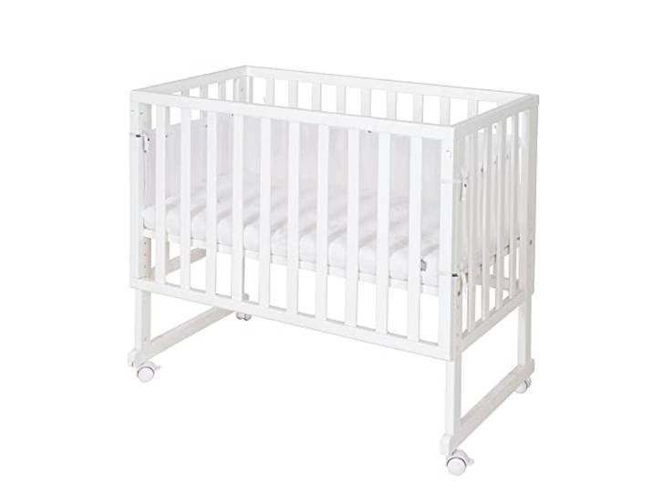 roba Stuben- und Beistellbett safe asleep® 3 in 1-45 x 90 cm - Höhenverstellbar - Komplettes Anstellbett mit Matratze + Canvas Barriere - Mesh Umrandung - Bett Set für Babys - Holz weiß