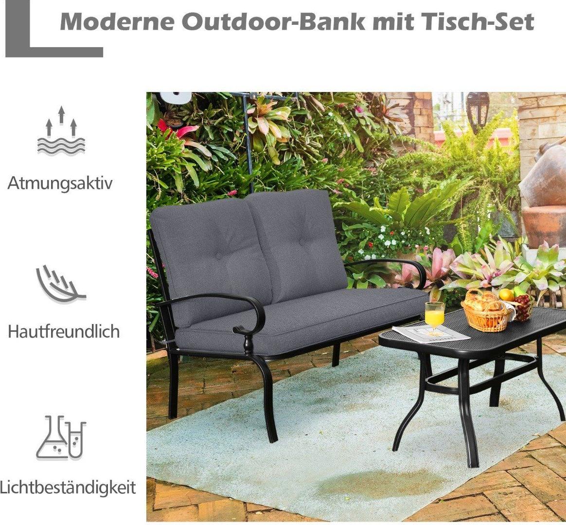 2-Sitzer Gartenbank mit Couchtisch Sitzbank mit Kissen Grau & Schwarz