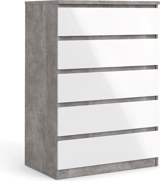 Nada hoge commode met 5 lades, betondecor/wit hoogglans, B/D/H: 50 x 77 x 111 cm