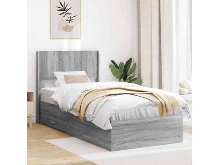 RJPLMFV Bettgestell aus Holz, Technik, grau, mit Kopfteil Integrierte Aufbewahrung, fester Lattenboden, modernes Design, pflegeleicht