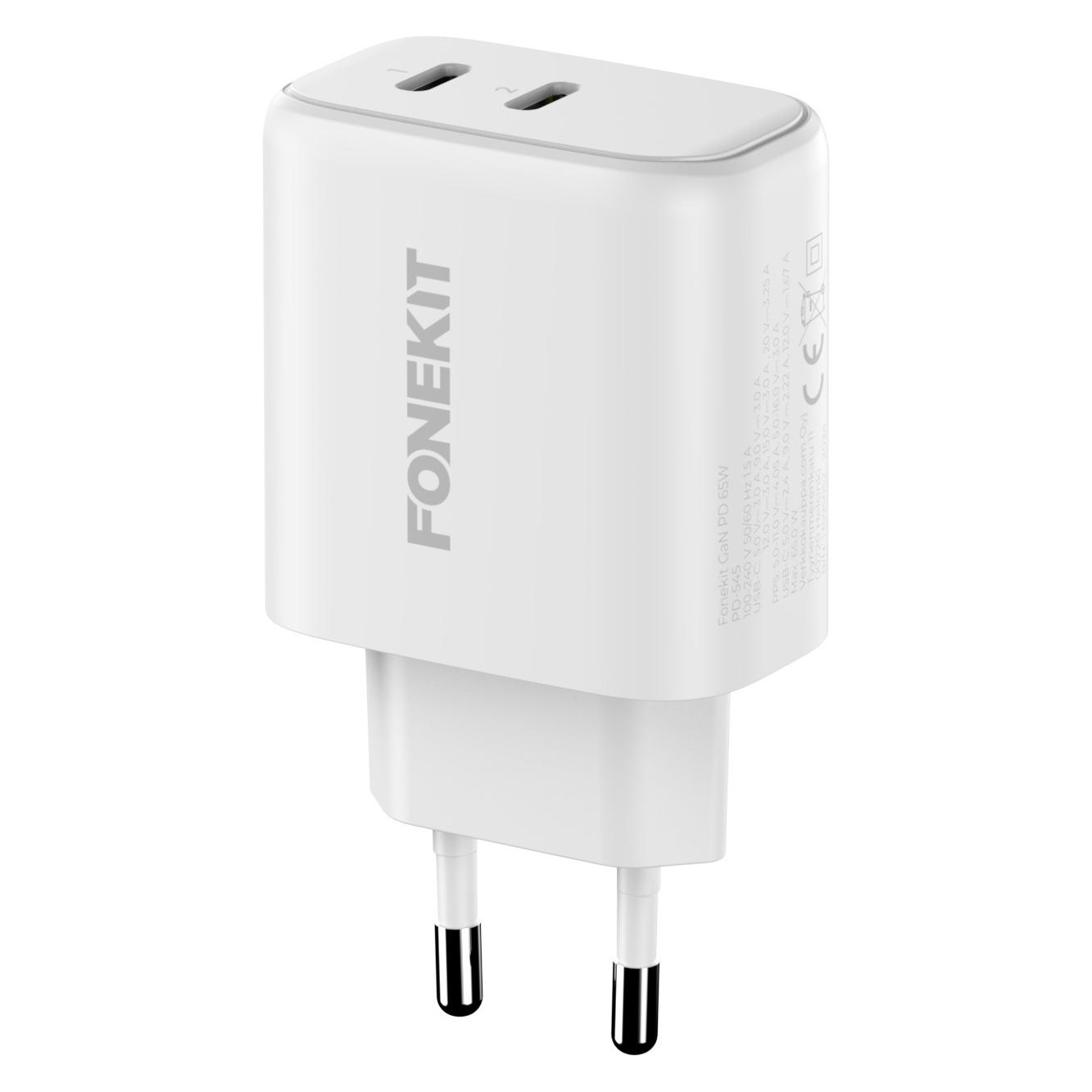 FoneKit GaN PD 65W Wandladegerät, USB-C + USB-C, Weiss (65 W, 2 Ports) (PD-545_white)