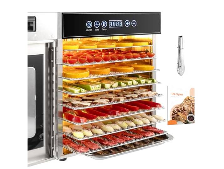 Kwasyo Dörrautomat Edelstahl mit Rezeptheft, Dörrgerät Temperaturregler von 30-90℃, Timerfunktion von 24h Dörrzeit, BPA-frei, Dörrautomat für Obst Fleisch FrüchteTrockner Gemüse Kräuter (8 Etagen)