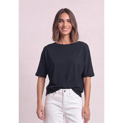 T-Shirt STREET ONE, Damen, Gr. 34, schwarz (tiefblau), Web, 50% Baumwolle, 50% Modal, unifarben, normal normal, U-Boot-Ausschnitt, abgesteppt, Shirts T-Shirt, im soften Baumwoll-Mix