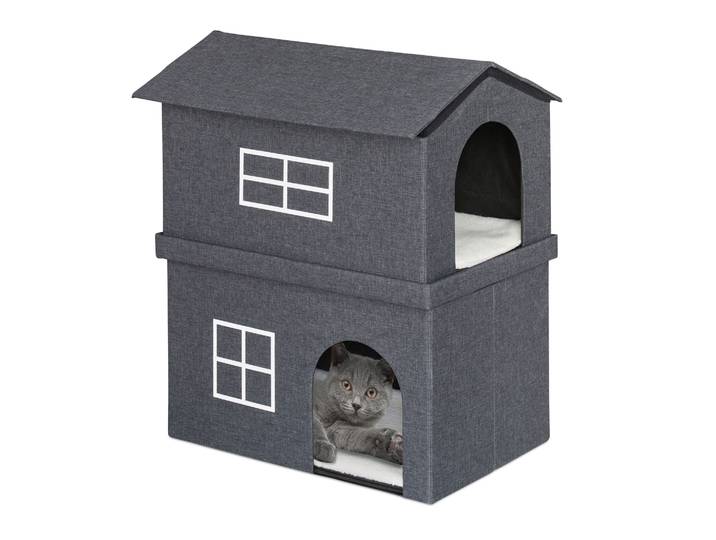 Katzenhaus 2 Etagen für drinnen Weiss-Grau