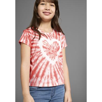 T-Shirt KIDSWORLD "Herz Batik", Mädchen, Gr. 164/170, orange (aprikot), Single Jersey, Obermaterial: 100% Baumwolle, gerade taillenbedeckt, Rundhals, abgesteppte Kante, Shirts T-Shirt, Kurzarm, gerade Passform, vielseitig gemustert