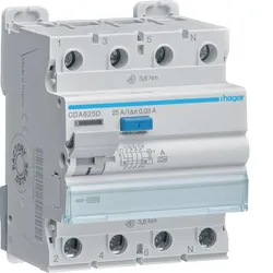 Hager CDA625D Fehlerstromschutzschalter 4 polig 10kA 25A 30mA Typ A