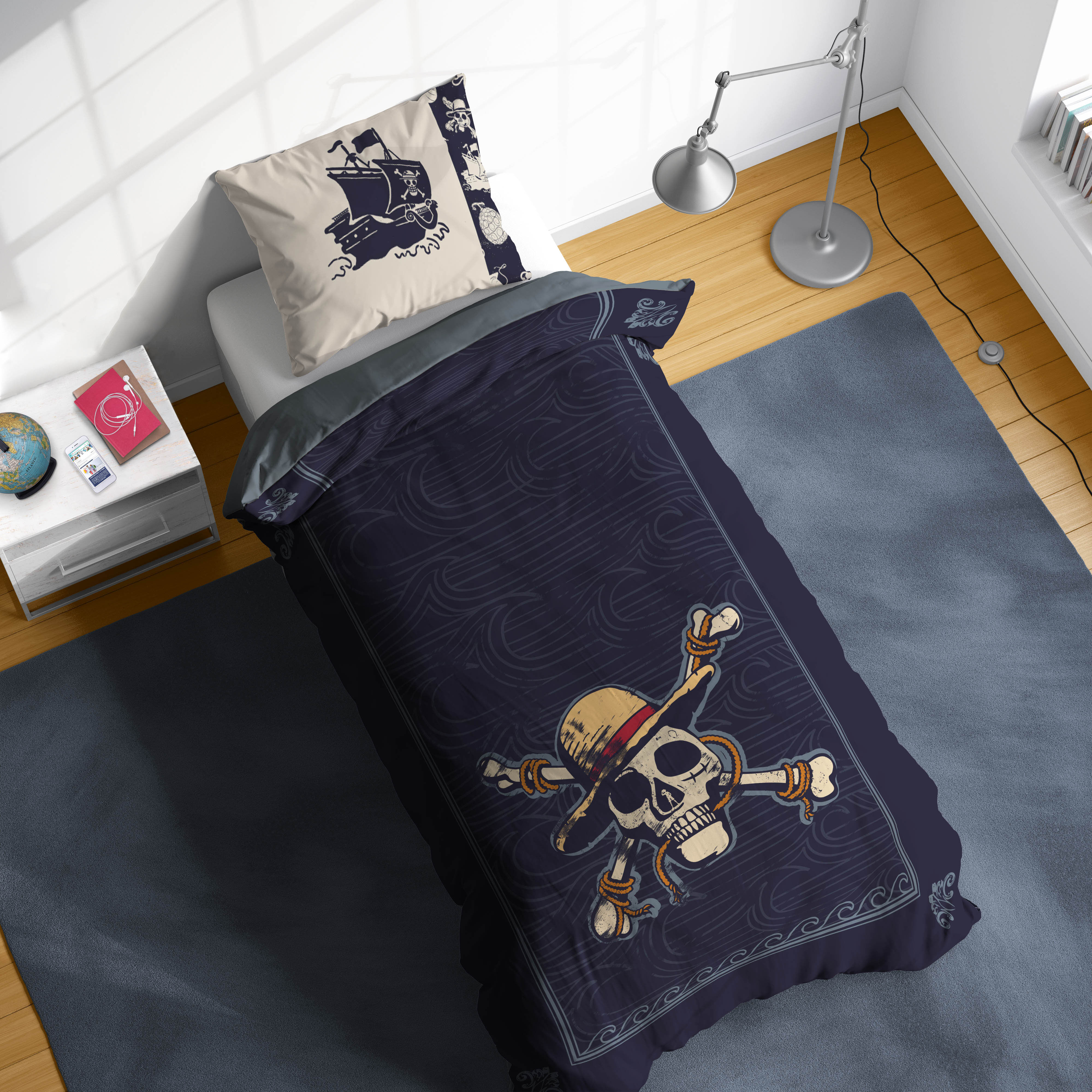 Bettwäsche ONEPIECE "One Piece High Seas", blau, B/L: 137cm x 200cm, 1 Stk., 1 Stk., Baumwoll-Leinen Mix, B/L: 80cm x 80cm, 2, Baumwoll-Leinen Mix, Obermaterial: 100% Baumwolle, Bettwäsche, Bettwäsche blau B/L: 137cm x 200cm, 1 Stk., 1 Stk., Baumwoll-Lein