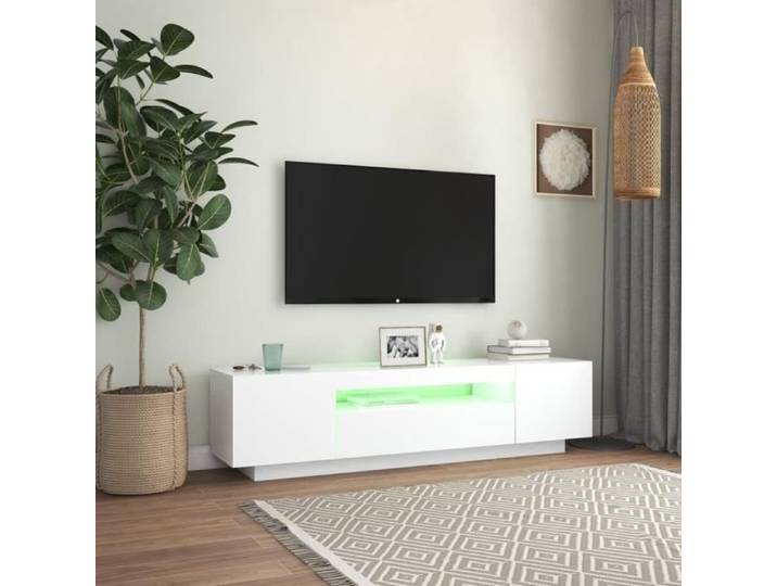 Meuble TV KIMISS avec lumières LED Blanc 160x35x40 cm - Contemporain - Design - Laqué