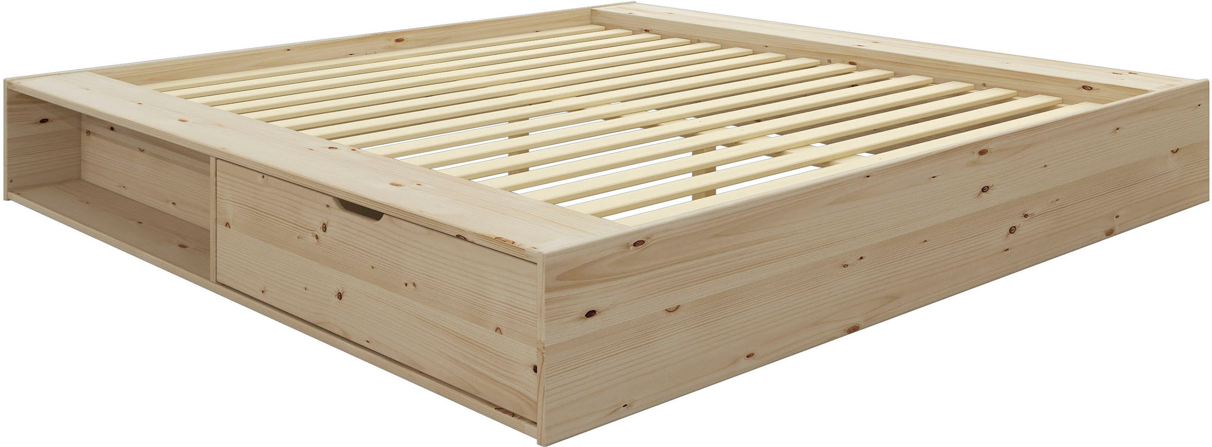 Massivholzbett GOODPRODUCT "Erno, Stauraumbett Futonbett, 275KG belastbar", beige (naturbelassen), B:223,5cm H:30,5cm L:204cm, Betten, Massivholzbett, mit Lattenrost, FSC zertifiziert, viel Stauraum + Ablagen naturbelassen Liegefläche Länge B: 200cm x 180