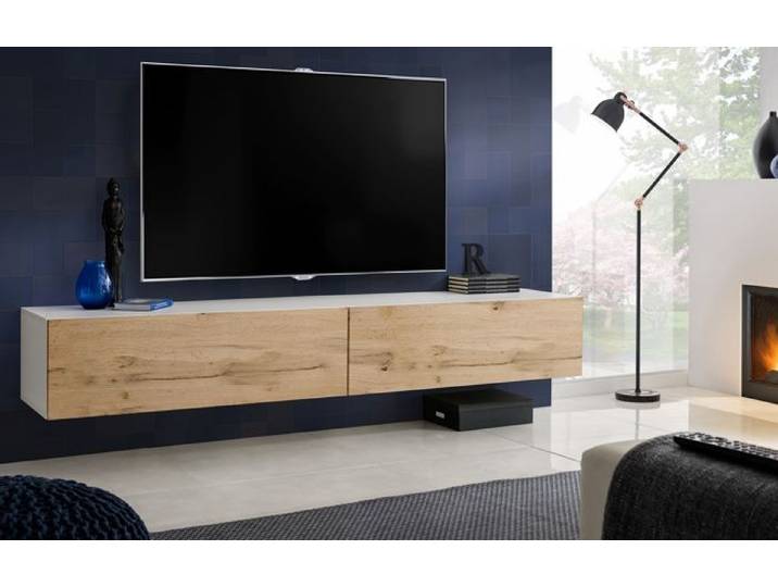 Meuble TV T34-200 Extreme Furniture - Bois naturel & Blanc - Façades en Brillant - L200cmxH30cmxP41cm