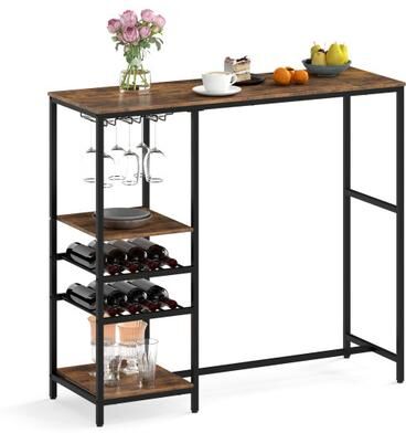 Costway Long Bar Table Bar Height Dining Table with Storage Shelves-Rustic Brown