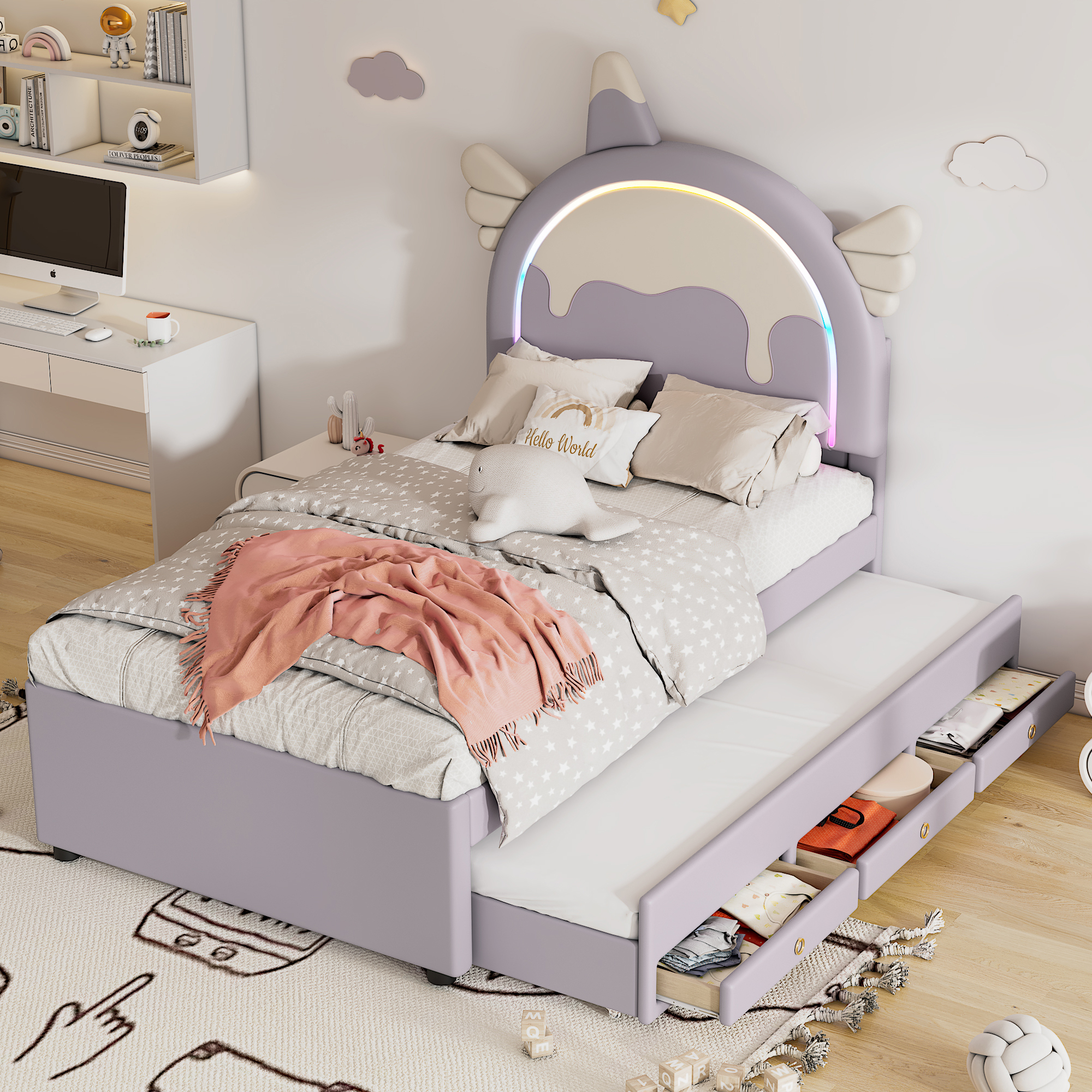 STILVORA Kinderbett 90×200 Polsterbett mit Matratze mit ausziehbares rollbett,mit 3-in-1 Schublade,Jugendbett mit Kopfteil in Einhornform,Lila