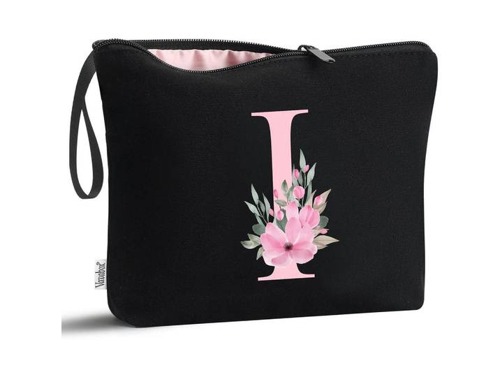 Kosmetiktasche mit Initialdruck I Schwarz, 4x20x25 cm, Badaccessoires, Kosmetikdosen