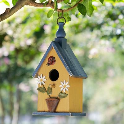 "Glitzhome 12.25""H Washed Yellow Distressed Solid Wood Cottage Garden Birdhouse with Bees and Flowers"