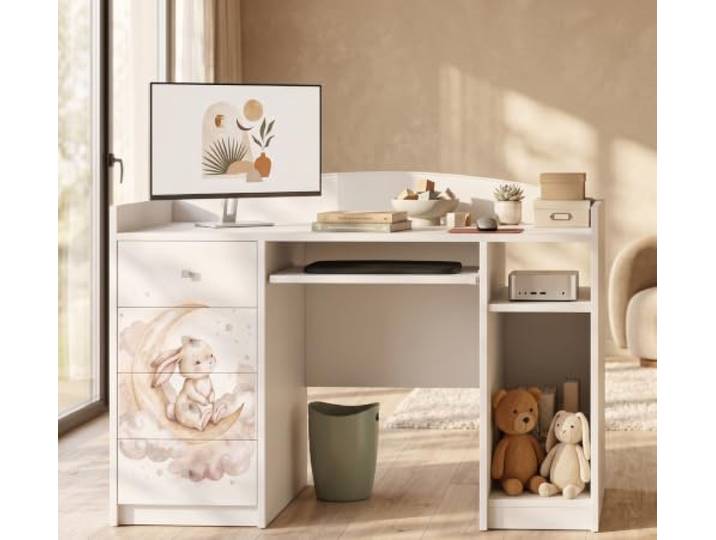 Happy Babies Kinderschreibtisch Schülerschreibtisch Weiß 4 Schubladen Großer Lerntisch für Mädchen & Jungen Motiv