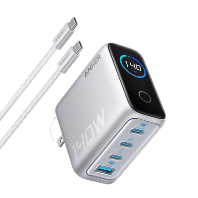 Anker Charger (140W, 4-Port, PD 3.1) with USB-C Cable Silver