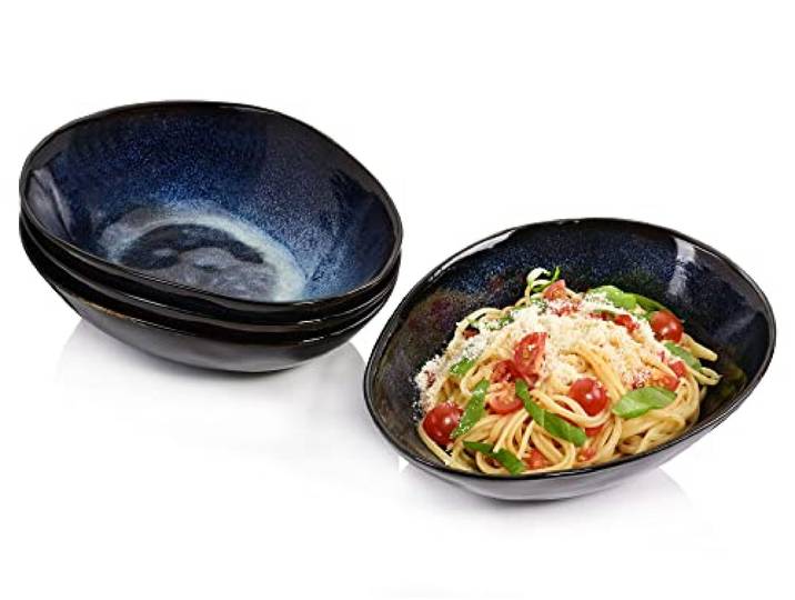 Sänger Pastateller Tokio 4 tlg, Spaghetti Teller 4 Personen, Steingut Geschirr Set Pasta, Nudelteller Spülmaschinenfest, Pastaschale Blau-Schwarz mit Braunen Akzenten 1,2L