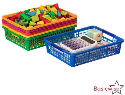 Basicwise 6-pc Assorted Colors Plastic Storage Basket Stackable Organizers for Paper Books Craft Supplies Pantry