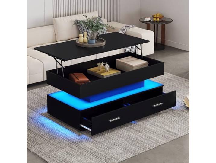 Merax LED Couchtisch höhenverstellbar Moderne Wohnzimmertisch Hebbarer Couchtisch Funktionaler mit Stauraum,Bluetooth-APP-Steuerung Steuerung 100x50x44cm Schwarz