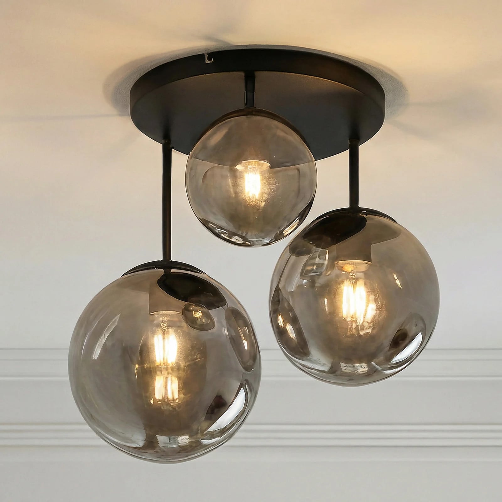 Lindby Teeja 3 Round Plafondlamp - Modern - Glas en Metaal - Smoke/Grijs/Zwart