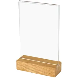 HMF Acryl Tischaufsteller im DIN A6 Hochformat, Tischkartenhalter mit massivem Holzfuß aus Eiche, T-Aufsteller