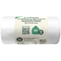Müllbeutel EcoPlasta weiß 60 L 14 my 50 Stück 100% Recycling LDPE Material aus 100% Recycling, 600 x 700 mm
