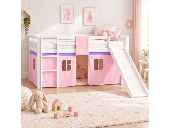 Homestyle4u Hochbett 90x200 mit Rutsche, Vorhang Rosa & Lattenrost Spielbett aus Kiefernholz mit Leiter & abnehmbarem Vorhang – Rutsche und Leiter flexibel links oder rechts montierbar