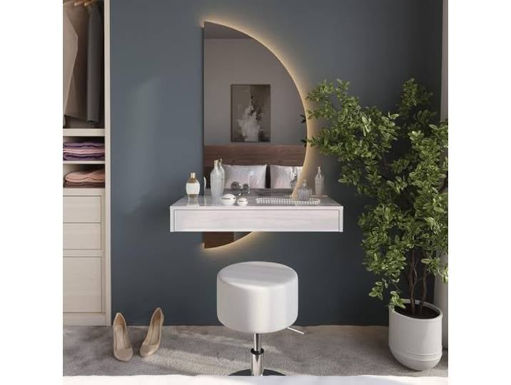 Vicco Schminktisch Sherry, Weiß Hochglanz 81.4 cm Schminkkonsole · LED-Spiegel, rechts ausgerichtet · Hocker · Wandhängend · Schwebendes Design