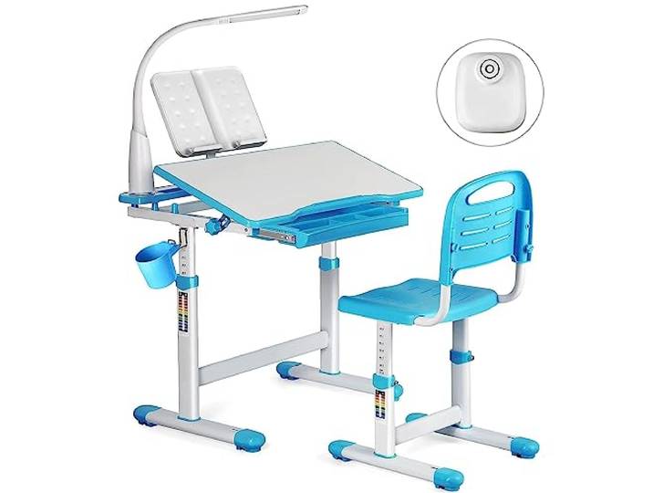 JOYLDIAS Kinderschreibtisch höhenverstellbar, Schülerschreibtisch Jugendschreibtisch mit Lampe, Schreibtisch Kinder mit Stuhl und Schublade inkl. kostenloser Kleineimer/Blau