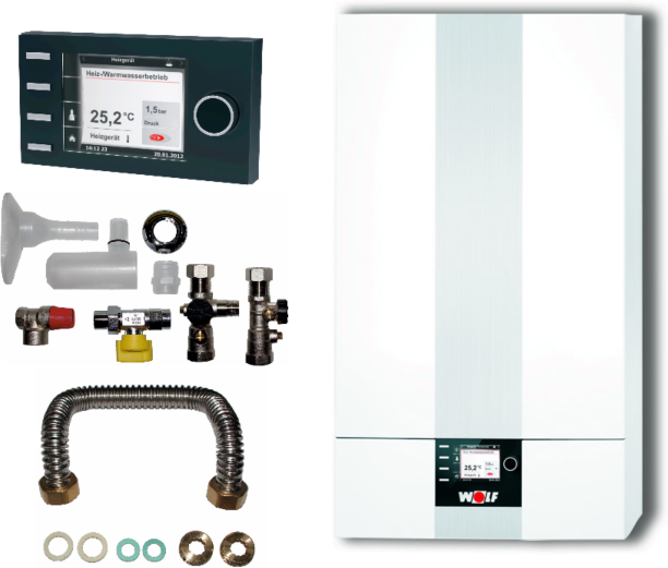 Wolf CGB-2-20 20kW Gasbrennwert-Therme Paket mit Bedienmodul BM2 und Anschlusszubehör Aufputz